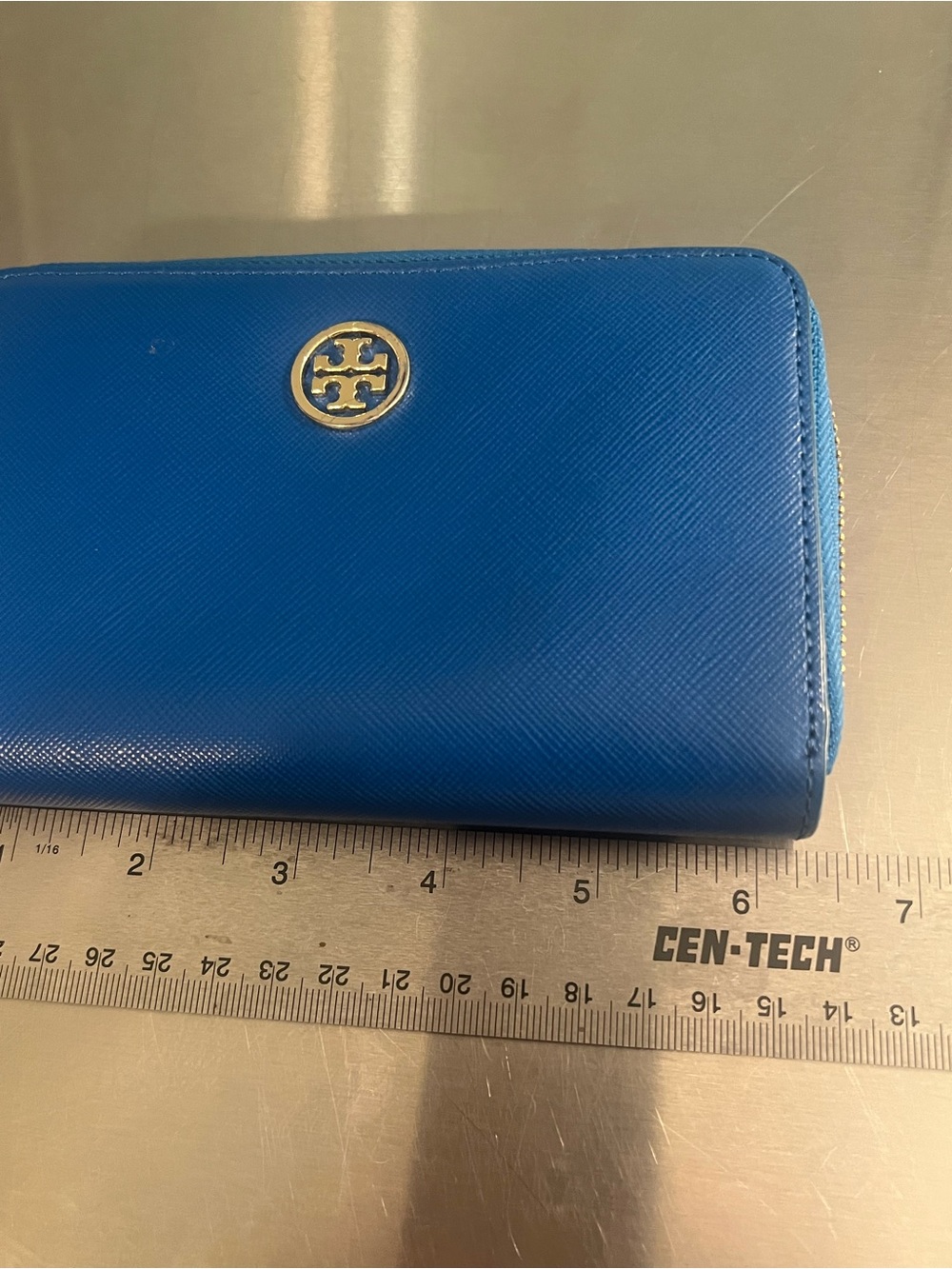 Tory Burch Royal Blue Zip-Around Wallet with Gold Logo - Picture 6 of 7